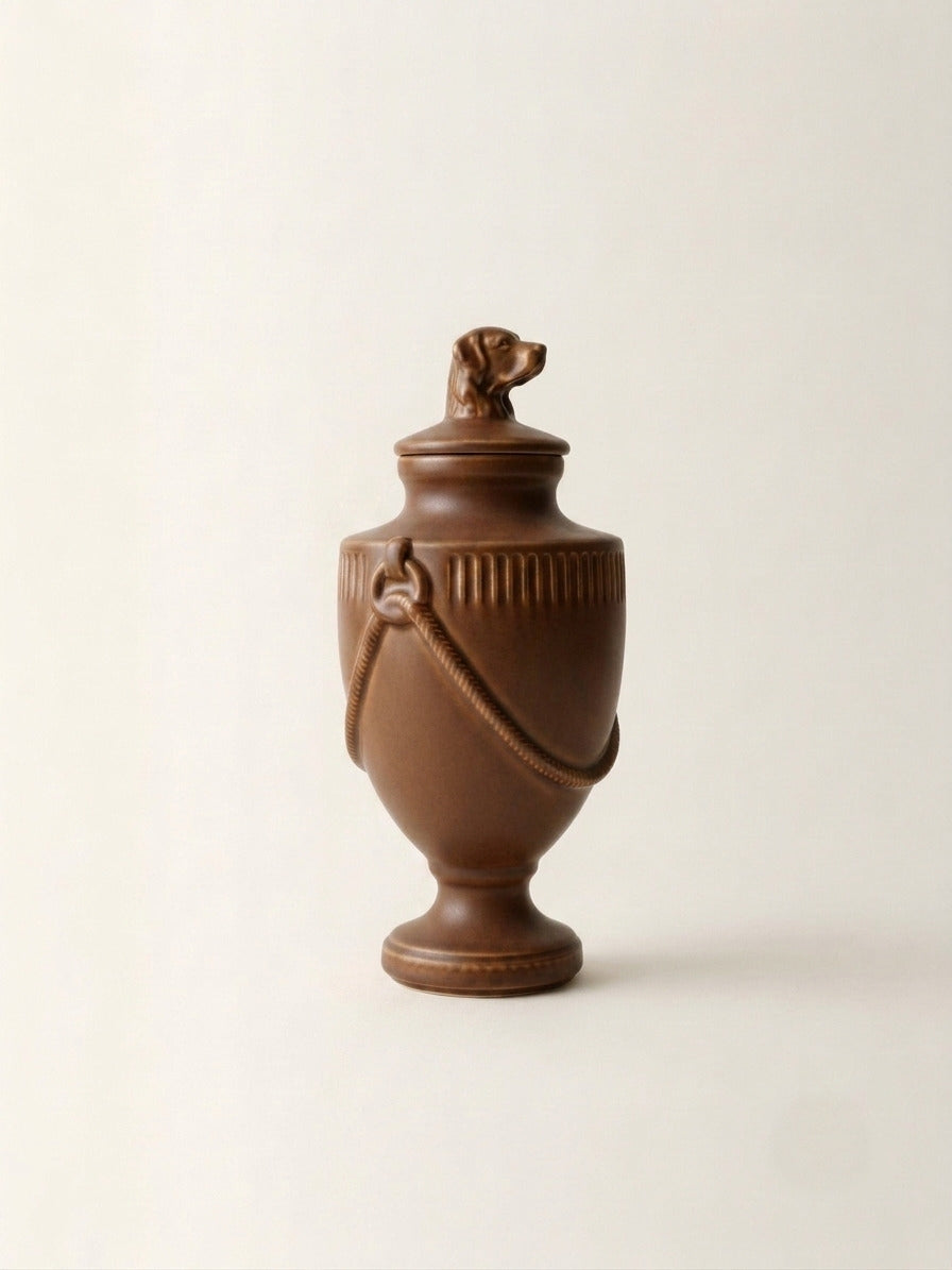 Chocolate glaze ceramic pet memorial urn with Retriever dog figure