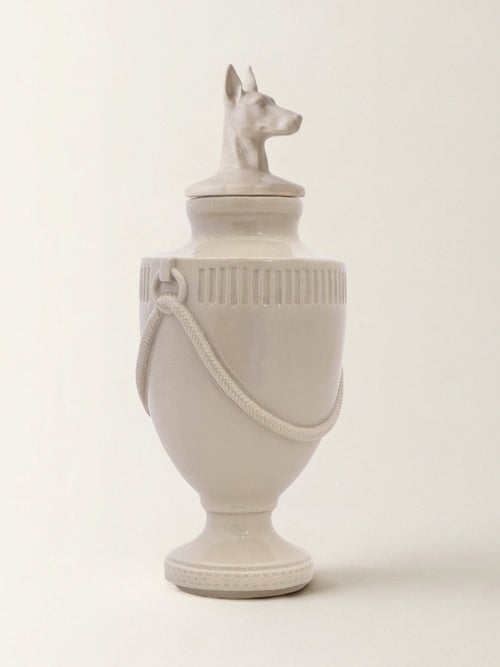 Ceramic pet memorial urn with Doberman figure at the crown, handcrafted porcelain dog urn