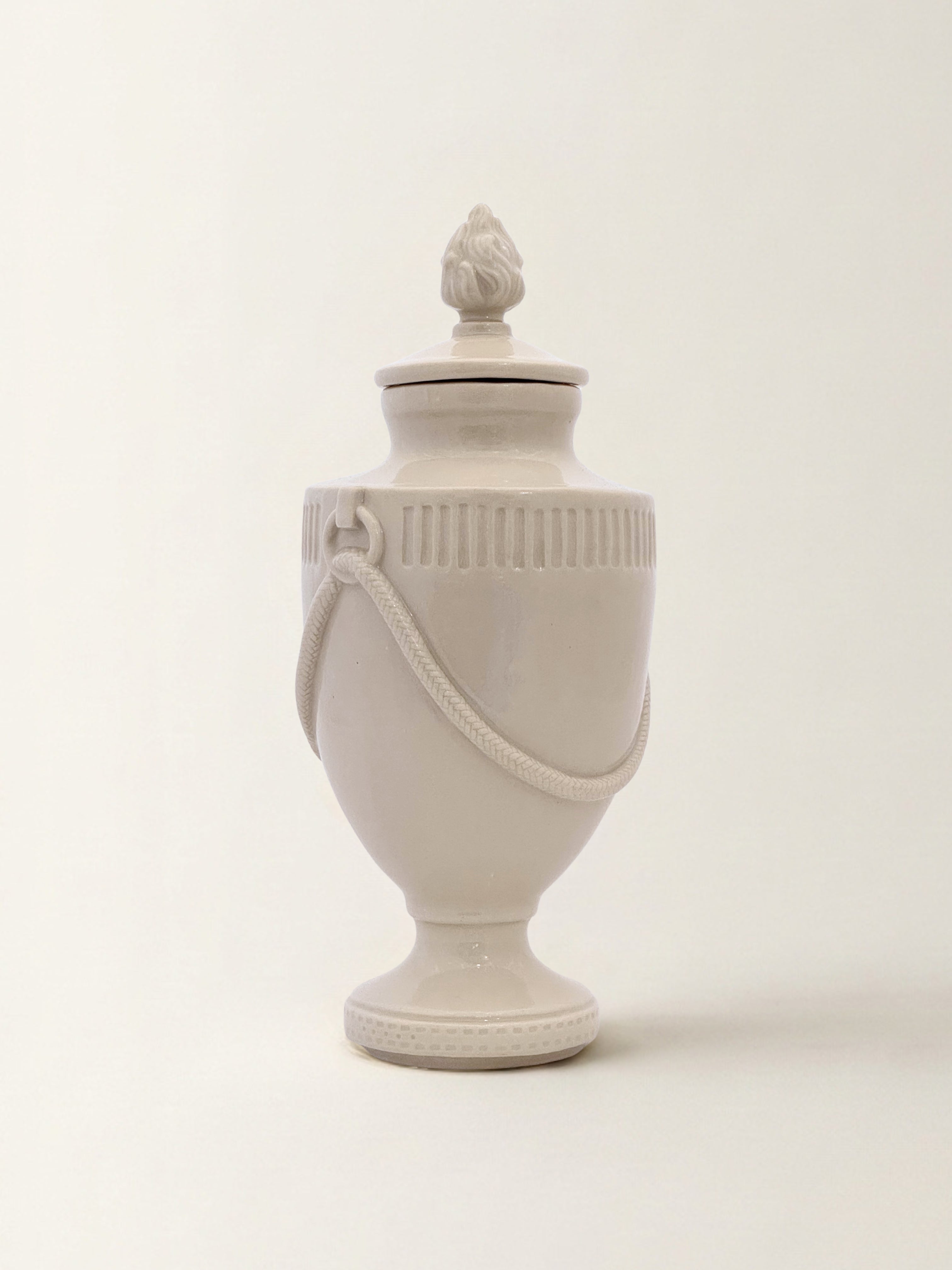 Ceramic pet memorial urn with Flame figure at the crown, handcrafted porcelain urn for any pet