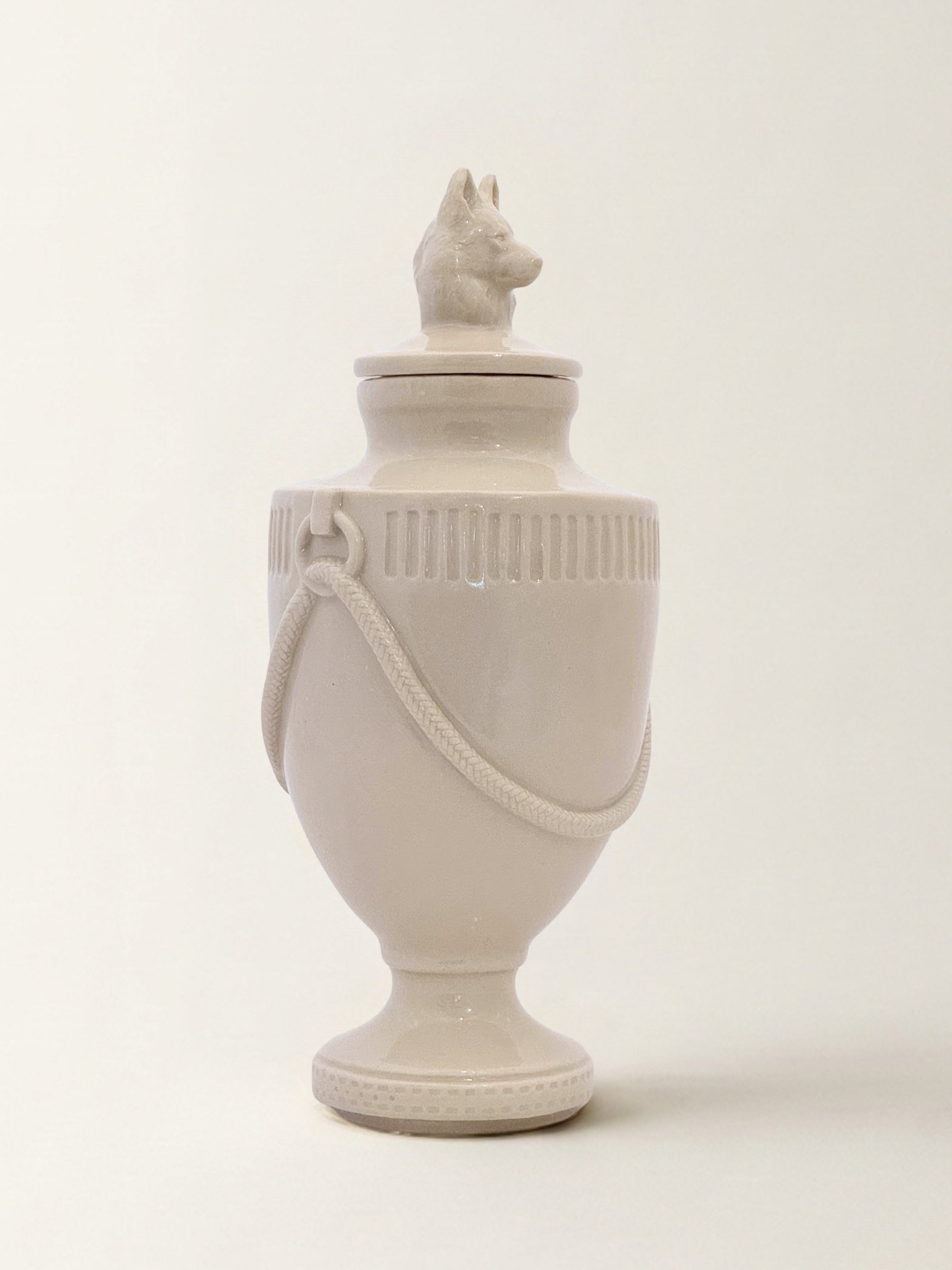 Ceramic pet memorial urn with Husky figure at the crown, handcrafted porcelain dog urn
