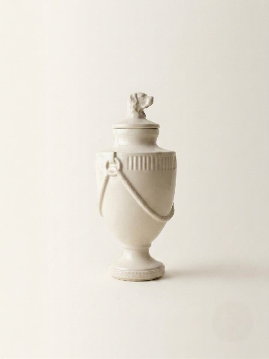Cream ceramic pet memorial urn with Retriever dog figure
