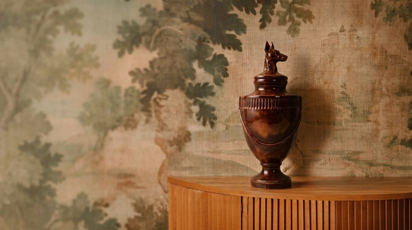 Remanē ceramic pet memorial urn displayed in a styled home interior